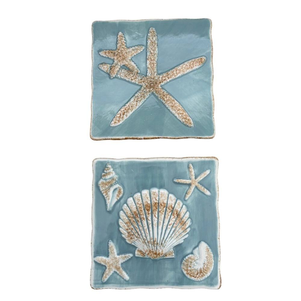 Young's Coastal Ceramic Wall Plaques Set of 2 Blue Starfish Seashell Beach Decor